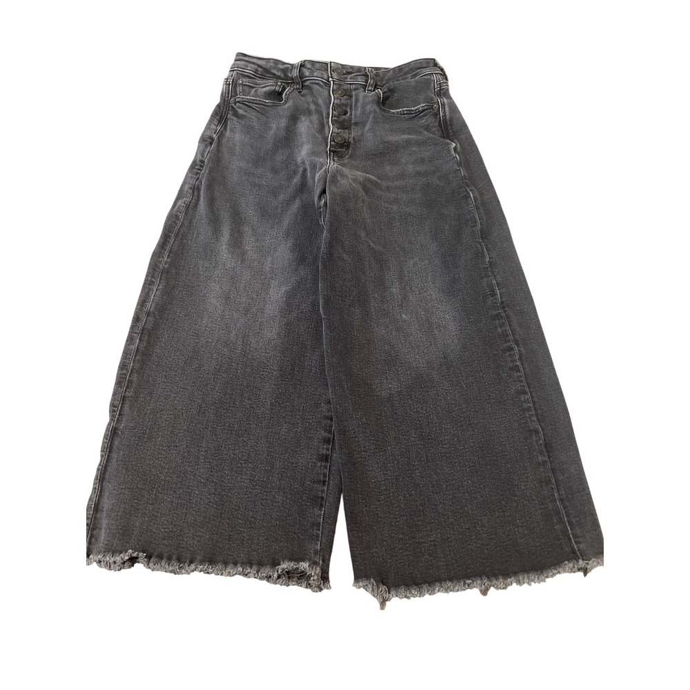 American Eagle Super Wide Crop Jeans Womens 6 High Waist Black Frayed Grunge 90s